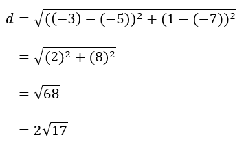 d=√(〖((-3)-(-5))〗^2+〖(1-(-7))〗^2 )
